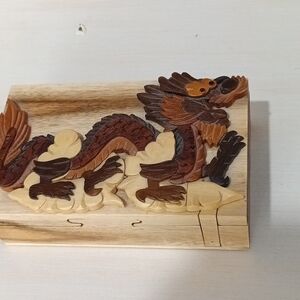 Carver Dan's Oriental Dragon Puzzle Trinket/jewelry Box 4 piece Hand Carved Wood